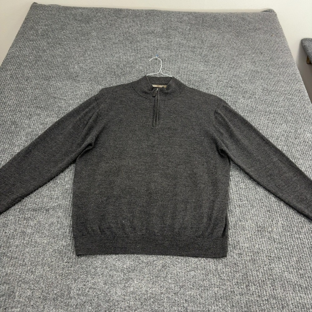 Raffi Sweater Mens L Grey Merino Wool Quarter Zip Mock Neck Classic Minimalist